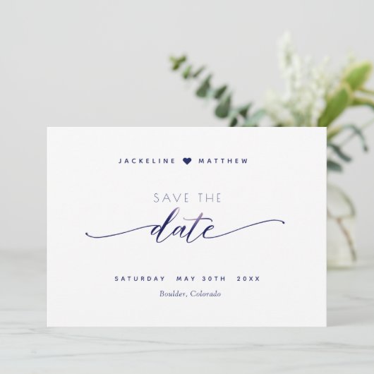 Save The Date Élégant script, blanc et marine, Mariage simple (Debout devant)