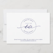 Save The Date Élégant script, blanc et marine, Mariage simple (Dos)