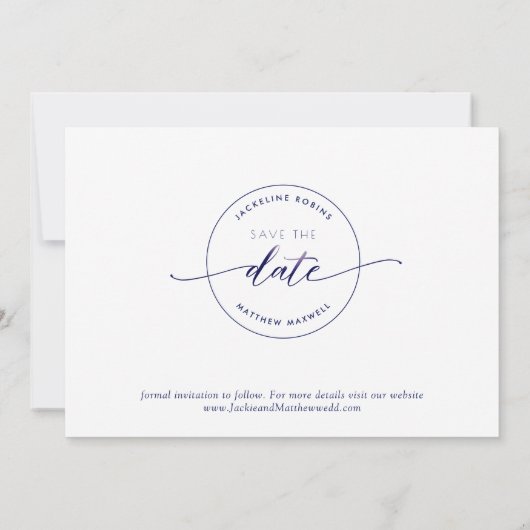Save The Date Élégant script, blanc et marine, Mariage simple (Dos)