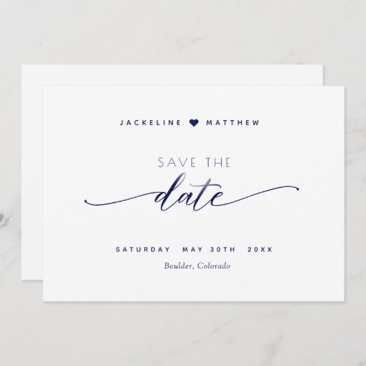 Save The Date Élégant script, blanc et marine, Mariage simple (Devant / Derrière)
