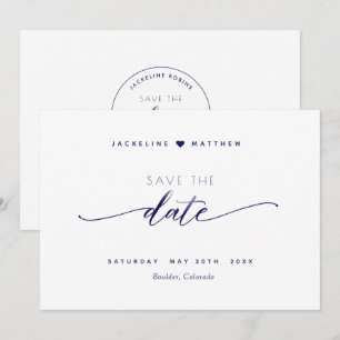 Save The Date Élégant script, blanc et marine, Mariage simple