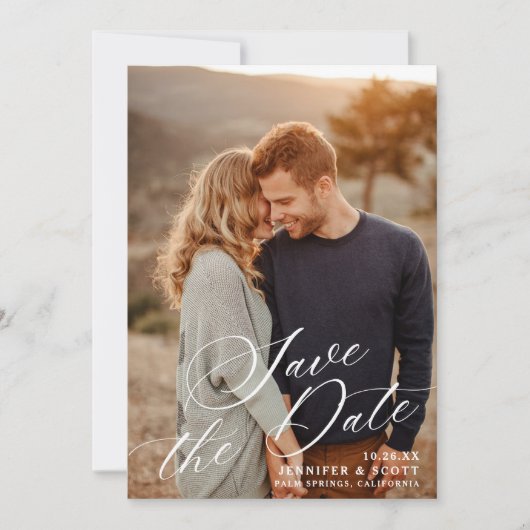 Save The Date Élégant script blanc | Mariage Enregistrer La Date (Devant)