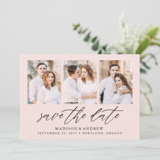 Save The Date Élégant Script Blush 3 Photo Collage (Debout devant)