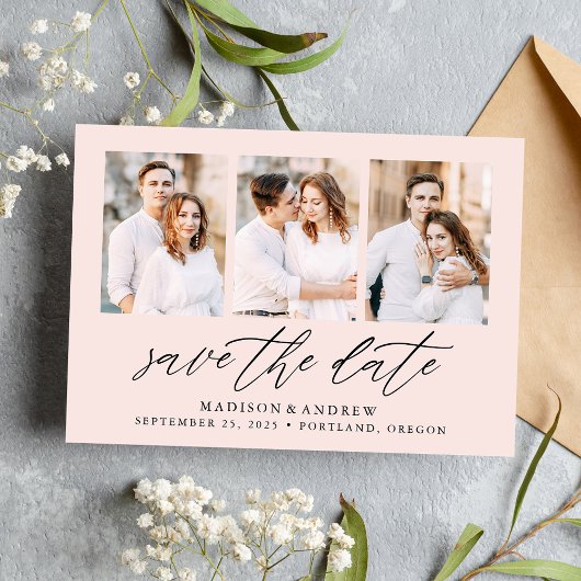 Save The Date Élégant Script Blush 3 Photo Collage
