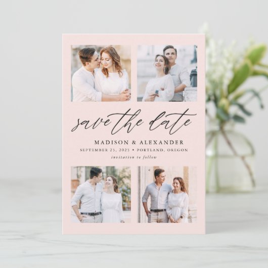 Save The Date Élégant Script Blush Pink 4 Photo Collage (Debout devant)