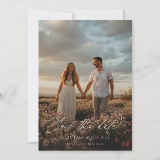 Save The Date Élégant Script Boho Mariage Photo (Devant)