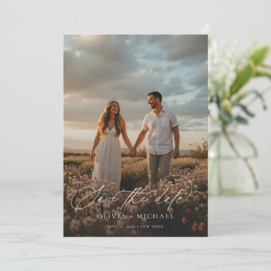 Save The Date Élégant Script Boho Mariage Photo (Debout devant)