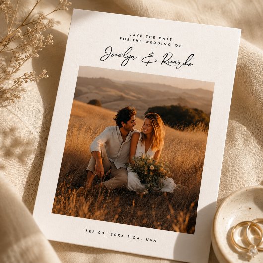 Save The Date Élégant Script Boho Photo Budget Enregistrer la Da