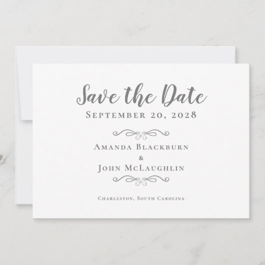 Save The Date Élégant script de calligraphie Delicate gris roman (Devant)