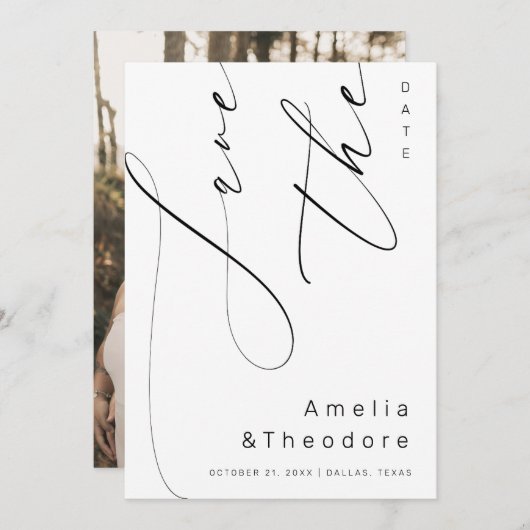 Save The Date Élégant script de calligraphie Mariage blanc clair (Devant / Derrière)