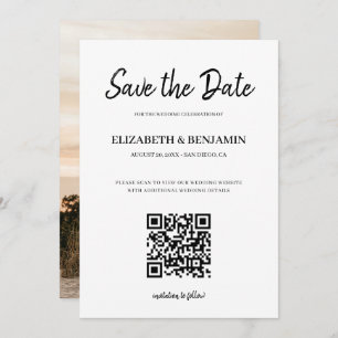 Save The Date Élégant Script de calligraphie QR Code Photo Enreg