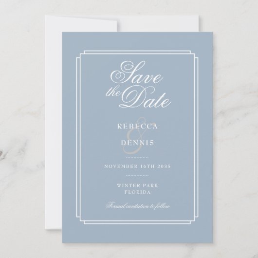 Save The Date Élégant Script Dusty Blue Art Deco Mariage (Devant)
