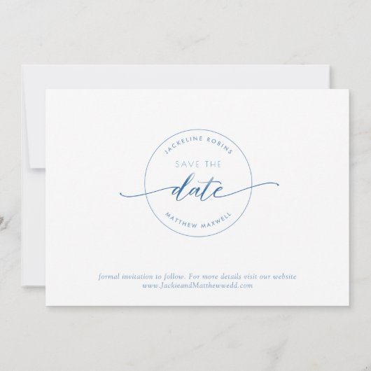 Save The Date Élégant script, Dusty Blue, Blanc Mariage simple (Dos)