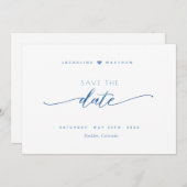 Save The Date Élégant script, Dusty Blue, Blanc Mariage simple (Devant / Derrière)