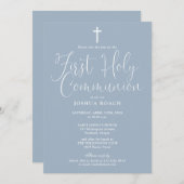 Save The Date Élégant Script Dusty Blue First Holy Communion (Devant / Derrière)