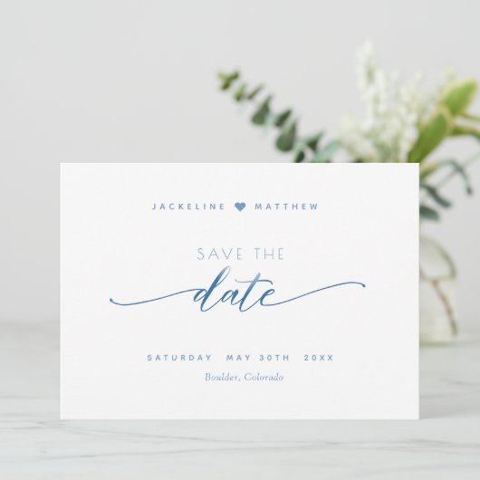 Save The Date Élégant Script, Dusty Blue, Simple Mariage (Debout devant)