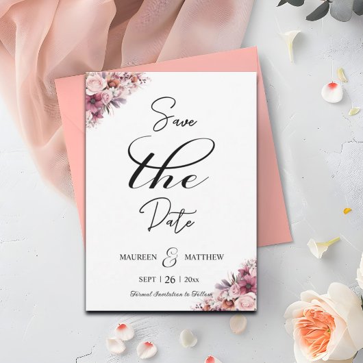 Save The Date Élégant Script Dusty rose floral Enregistrer la da
