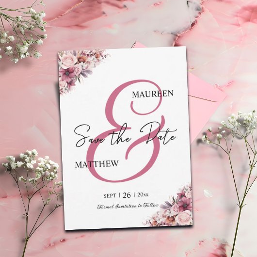Save The Date Élégant Script Dusty rose floral Enregistrer la da