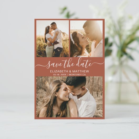 Save The Date Élégant Script Earthy Rust Photo Collage Mariage (Debout devant)