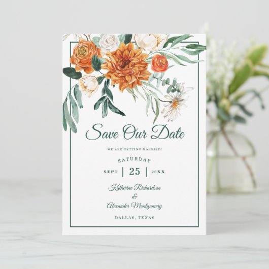 Save The Date Élégant Script Emerald Green Automne Floral Mariag (Debout devant)