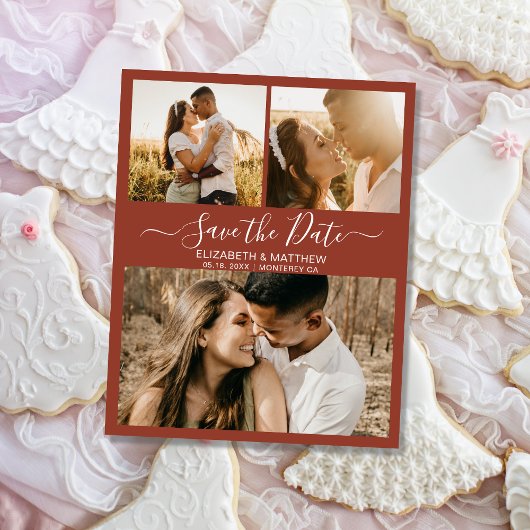 Save The Date Élégant script en terre cuite Photo Collage Mariag