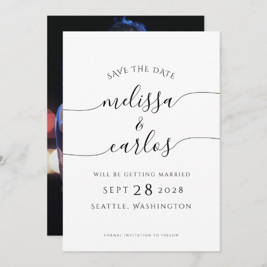 Save The Date Élégant Script Fiançailles Photo Simple Enregistre (Devant / Derrière)
