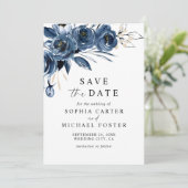 Save The Date Élégant Script Fleurs Bleu Marine Photo Mariage (Debout devant)