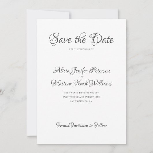 Save The Date Élégant script formel mariage noir et blanc (Devant)