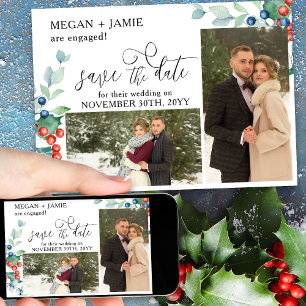 Save The Date Élégant Script Houx Baies d'Hiver 2 Photo