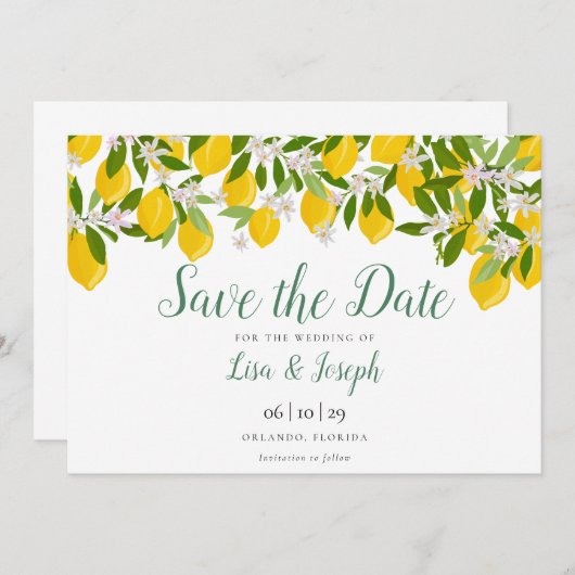 Save The Date Élégant Script Lemons Blossom (Devant / Derrière)