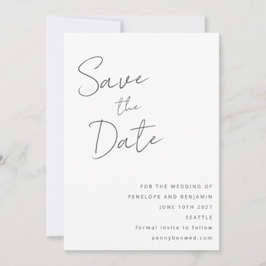 Save The Date Élégant script manuscrit noir Mariage blanc (Devant)