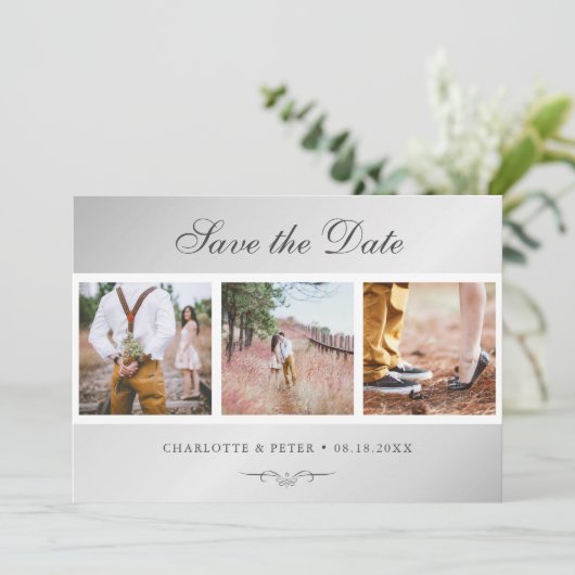 Save The Date Élégant Script Mariage Argent 3 Photo (Debout devant)