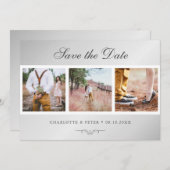 Save The Date Élégant Script Mariage Argent 3 Photo (Devant / Derrière)
