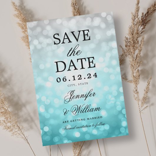 Save The Date Élégant Script Mariage Beach Bokeh Lumières