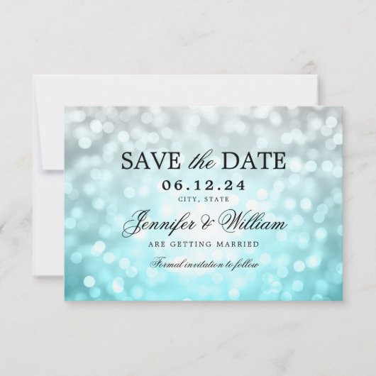 Save The Date Élégant Script Mariage Beach Bokeh Lumières (Devant)