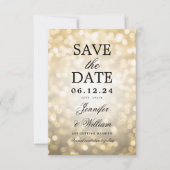 Save The Date Élégant Script Mariage Gold Bokeh Lumières (Devant)