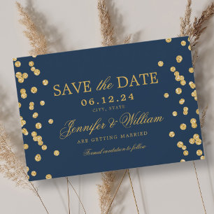 Save The Date Élégant Script Mariage Gold Confetti Marine Bleu