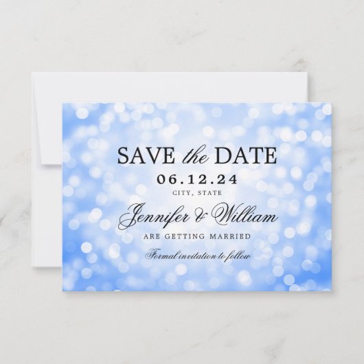 Save The Date Élégant Script Mariage Navy Blue Bokeh Lumières (Devant)