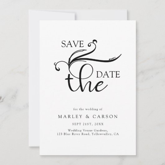 Save The Date Élégant script Mariage noir et blanc (Devant)
