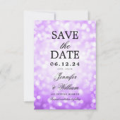 Save The Date Élégant Script Mariage Purple Bokeh Lumières (Devant)