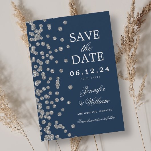 Save The Date Élégant Script Mariage Silver Confetti Navy
