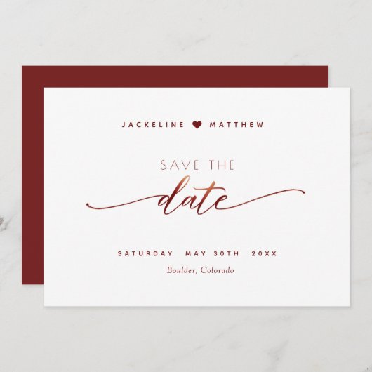 Save The Date Élégant script, Mariage simple Bourgogne (Devant / Derrière)