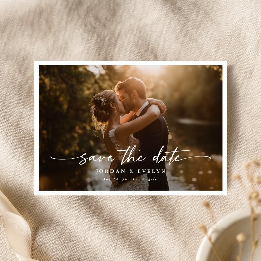 Save The Date Elegant Script Modern Overlay Photo Wedding