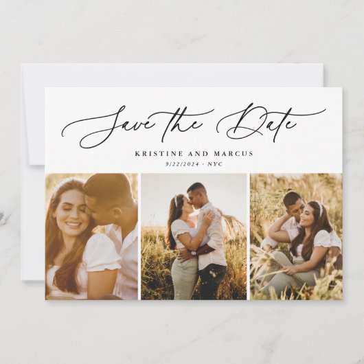 Save The Date Élégant Script moderne 3 Photo Multi (Devant)