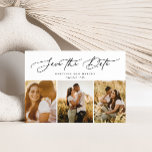 Save The Date Élégant Script moderne 3 Photo Multi<br><div class="desc">Cet élégant enregistrement de la date comprend 3 photos avec gracieux script de calligraphie moderne. Ajoutez des détails supplémentaires à l'arrière.</div>
