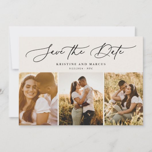 Save The Date Élégant Script moderne 3 Photo Multi Beige (Devant)