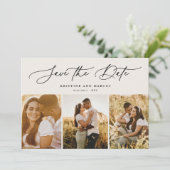 Save The Date Élégant Script moderne 3 Photo Multi Beige (Debout devant)