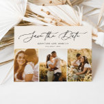 Save The Date Élégant Script moderne 3 Photo Multi Beige<br><div class="desc">Cet élégant enregistrement de la date comprend 3 photos avec gracieux script de calligraphie moderne. Ajoutez des détails supplémentaires à l'arrière.</div>