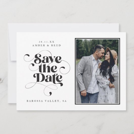 Save The Date Élégant Script moderne Black White Art Design Phot (Devant)