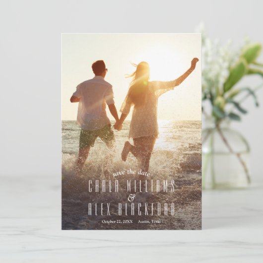 Save The Date Élégant Script Moderne Mariage Photo Enregistrer L (Debout devant)